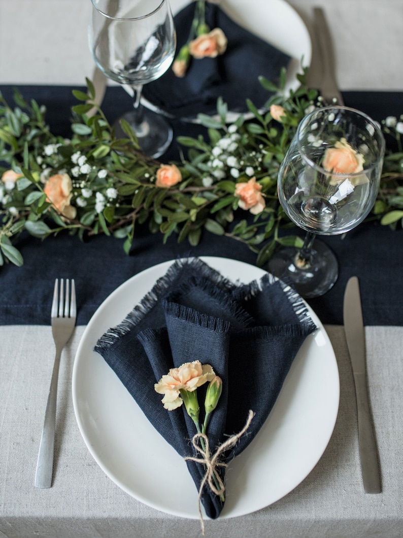 Dark Blue Linen Fringe Napkins Navy Blue Wedding Linen Etsy UK