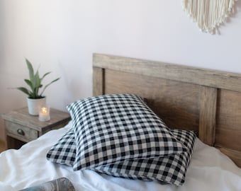 Set of 2 Linen Pillowcases Black White Gingham | Farmhouse Bed Pillow Covers | Standard Queen King Pillow Cases