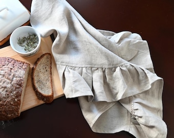 Linen Ruffle Kitchen Towel, Natural Linen Tea Towel, Farmhouse Kitchen Decor, Rustic Linen Dish Towel, Cottagecore Kitchen Gift