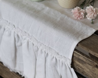 Table runner, rustic white table runner, linen table runner, fringes table runner, flax linen table cloth, soft washed ruffled table runner