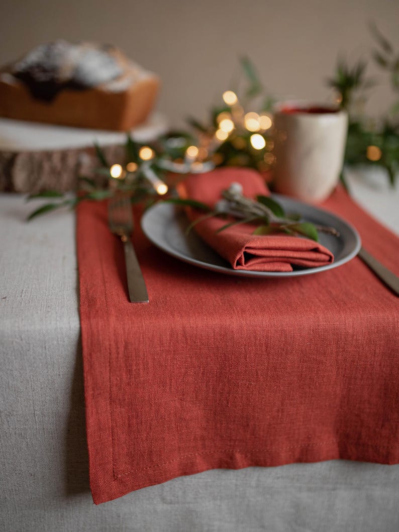 Handmade linen table runner with rustic table styling