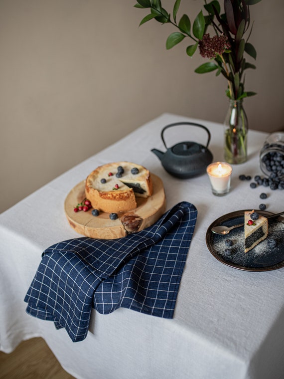 Kitchen Navy Blue Grid Linen Hand Towel, Eco Friendly Dish Clothes,  Chequered Linen Towels, Plaid Linen Dish Cloth, Tartan Kitchen Towels 