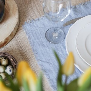 Pu&ograve; includere: Un tovaglietta di lino blu con un piatto bianco e un bicchiere d'acqua. In primo piano ci sono dei tulipani gialli e sullo sfondo una ciotola di uova di quaglia.