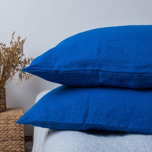 Set of 2 linen pillow cases. Linen pillow case in royal blue. Stone washed, soft linen pillow sham. Envelope closure pillow cover image 1
