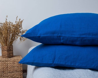 Lot de 2 taies d'oreiller en lin. Taie d'oreiller en lin bleu royal. Taie d'oreiller en lin doux lavé à la pierre. Housse de coussin avec fermeture enveloppe