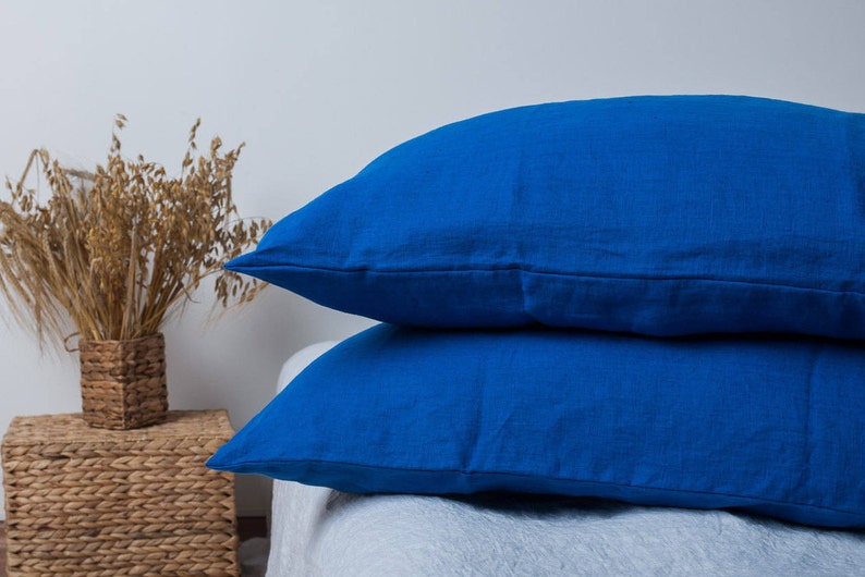 Set of 2 linen pillow cases. Linen pillow case in royal blue. Stone washed, soft linen pillow sham. Envelope closure pillow cover image 1