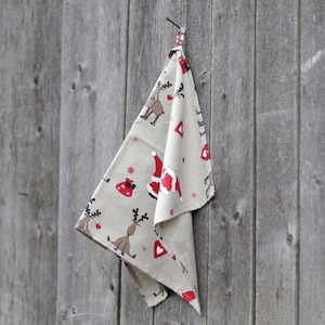 Tea towel for Christmas gift. Xmas kitchen towel with Santa Claus and reindeer. Linen Tea Towels. Christmas Ornament Tea Towel. Dish Towel