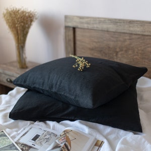 Black linen pillowcase. Black home decor pillows. Black gothic decor. Black bed linen. Linen pillow sham King, Queen, Standard, Lumbar size.
