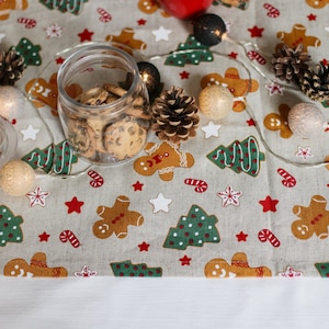 Toalha de mesa grande com detalhes natalinos, toalhas de mesa de linho natalino, decoração de mesa natalina, presente para árvore de natal, toalha de mesa natalina estampada