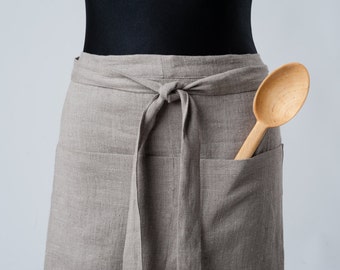 Cooking half apron with pocket. Linen half apron for waiter, cook. Linen fabric cafe apron. Reusable kitchen apron. Gift for food maker.