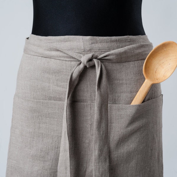 Cooking half apron with pocket. Linen half apron for waiter, cook. Linen fabric cafe apron. Reusable kitchen apron. Gift for food maker.