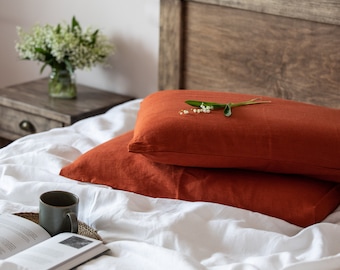 Terracotta linen pillow cover. Terracotta linen pillowcase. Terracota flax pillow sham King, Queen, Standard, Lumbar size. Washed bed linen