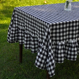 Natural linen gingham ruffle tablecloth. Farmhouse linen tablecloth. Plaid table decor. Flax ruffled tablecloth. Custom linen tablecloth