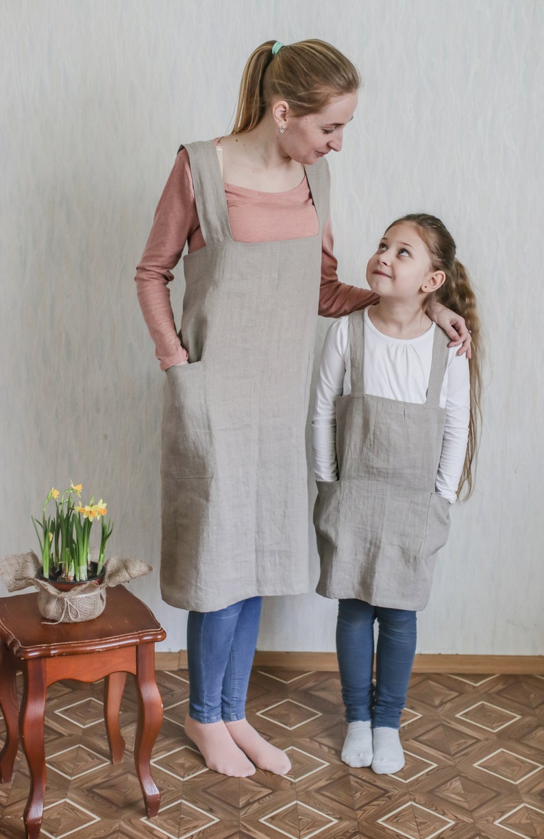 Linen pinafore apron, Japanese style apron, full linen apron, long linen apron, apron dress, cross back apron, loose fit apron, mom gift image 2