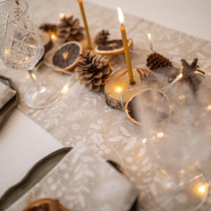 Handmade Linen Christmas Napkins and Table Runner with Holly Sprig Winter Print for festive table decor
