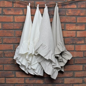 Natural linen hand towels with ruffles for farmhouse kitchen decorating, shabby chic towels, long-lasting fabric tea towels