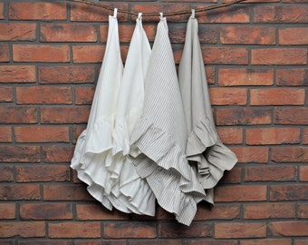 Natural linen hand towels with ruffles for farmhouse kitchen decorating, shabby chic towels, long-lasting fabric tea towels