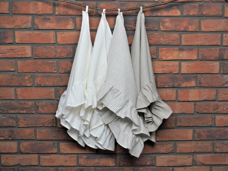 Natural linen hand towels with ruffles for farmhouse kitchen decorating, shabby chic towels, long-lasting fabric tea towels image 1