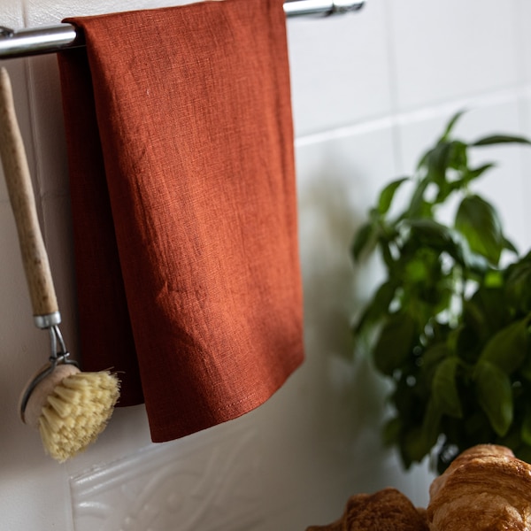 Terracotta dishtowel. Kitchen soft linen tea towel. Rust tea towel. Clay linen dishcloths. Kitchen fabric hand towel. Absorbent Flax Towels.