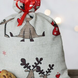 Christmas linen gift bags. Rudolf and Santa ornament sack. Santa gift bag. Christmas favor bags. Xmas accent pouch with red lace image 4