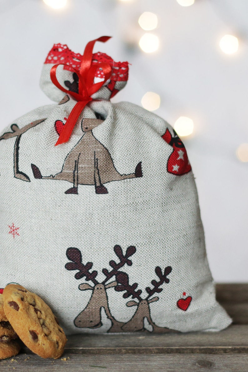 Christmas linen gift bags. Rudolf and Santa ornament sack. Santa gift bag. Christmas favor bags. Xmas accent pouch with red lace image 4