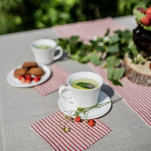 Set red striped linen coasters, eco fabric coasters, cloth coasters, square coasters, rustic coasters, cloth cocktail coasters, cup coasters