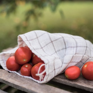 Natural linen food storage bag. Washed soft linen bread bag. Drawstring storage bag. Reusable kitchen bag. Fruit storage bag.
