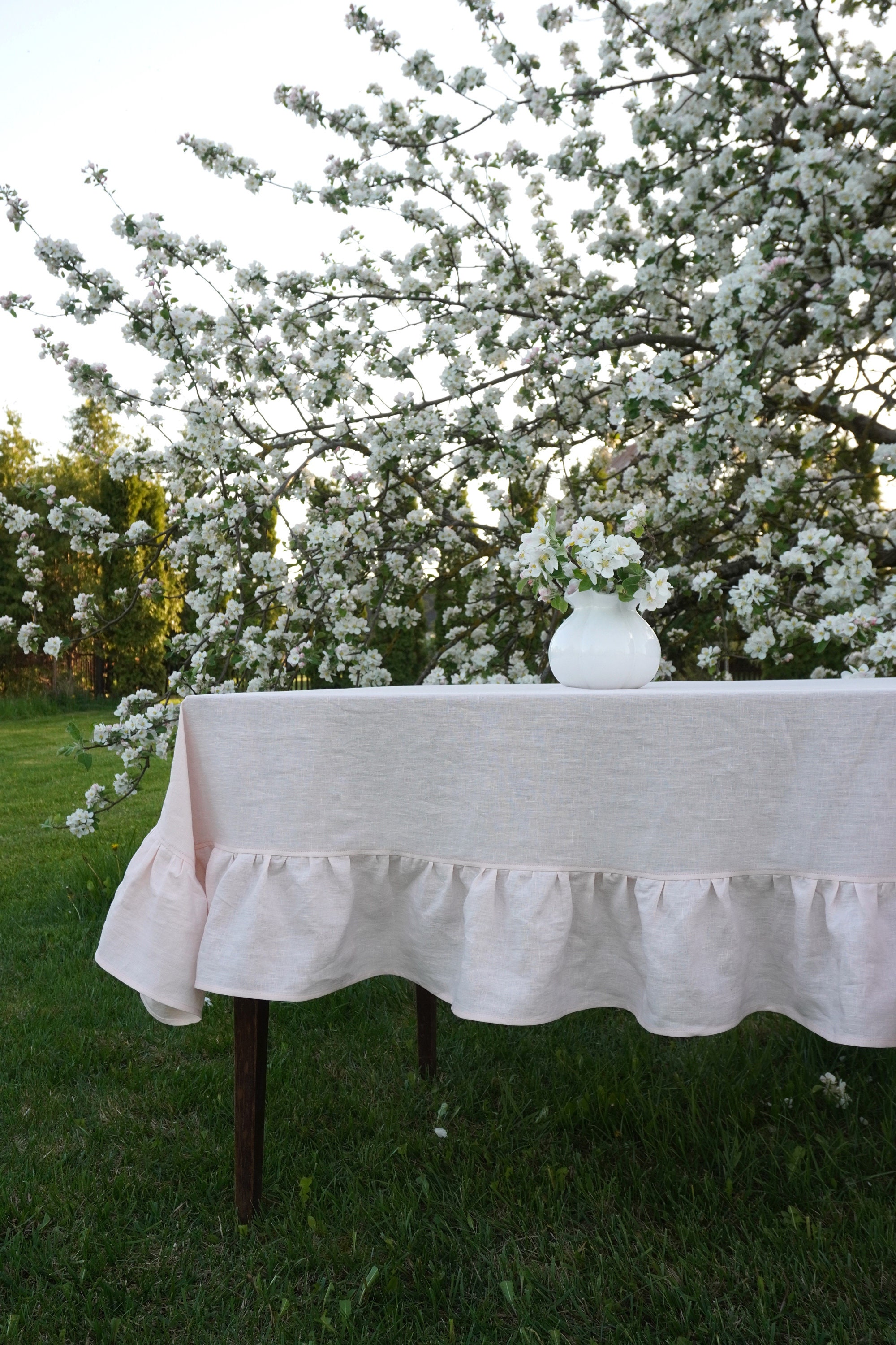 Pink Ruffle Tablecloth Linen Ruffle Tablecloth. Soft Table Linens. Pink Wedding Table Decor ...