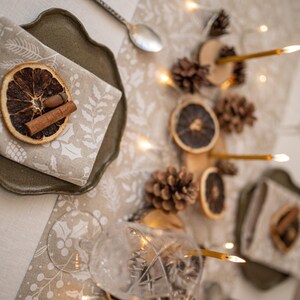 Handmade Linen Cotton Christmas Napkins and Table Runner: with Holly Sprig Winter Print for rustic and festive table decor