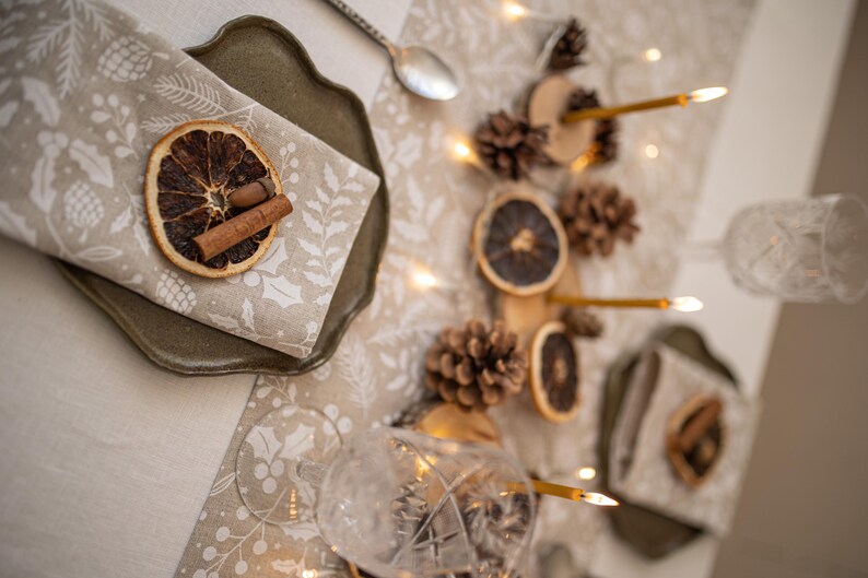 Handmade Linen Cotton Christmas Napkins and Table Runner: with Holly Sprig Winter Print for rustic and festive table decor