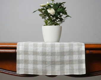 Linen table runner in natural gingham. Check table runner. Long plaid table runner. Country dinner table topper. Checkered table linens.