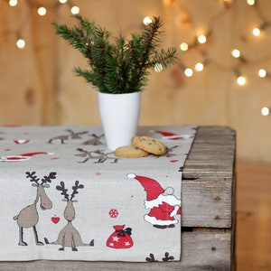 Christmas linen table runner with Santa and Rudolph ornaments for Christmas home and table decoration, Christmas linen gift