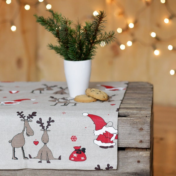 Christmas linen table runner with Santa and Rudolph ornaments for Christmas home and table decoration, Christmas linen gift