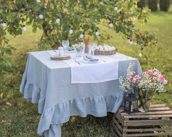 Dusty blue ruffle tablecloth, dusty blue wedding table decor, ruffled linen table cloth, shabby chic ruffled tablecloths, washed table linen