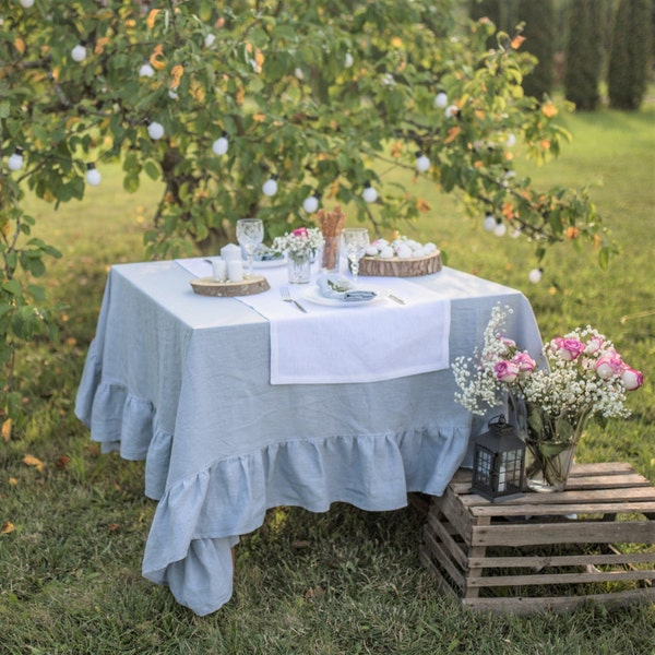 Dusty blue ruffle tablecloth, dusty blue wedding table decor, ruffled linen table cloth, shabby chic ruffled tablecloths, washed table linen