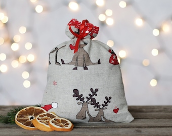 Christmas linen gift bags. Rudolf and Santa ornament sack. Santa gift bag. Christmas favor bags. Xmas accent pouch with red lace