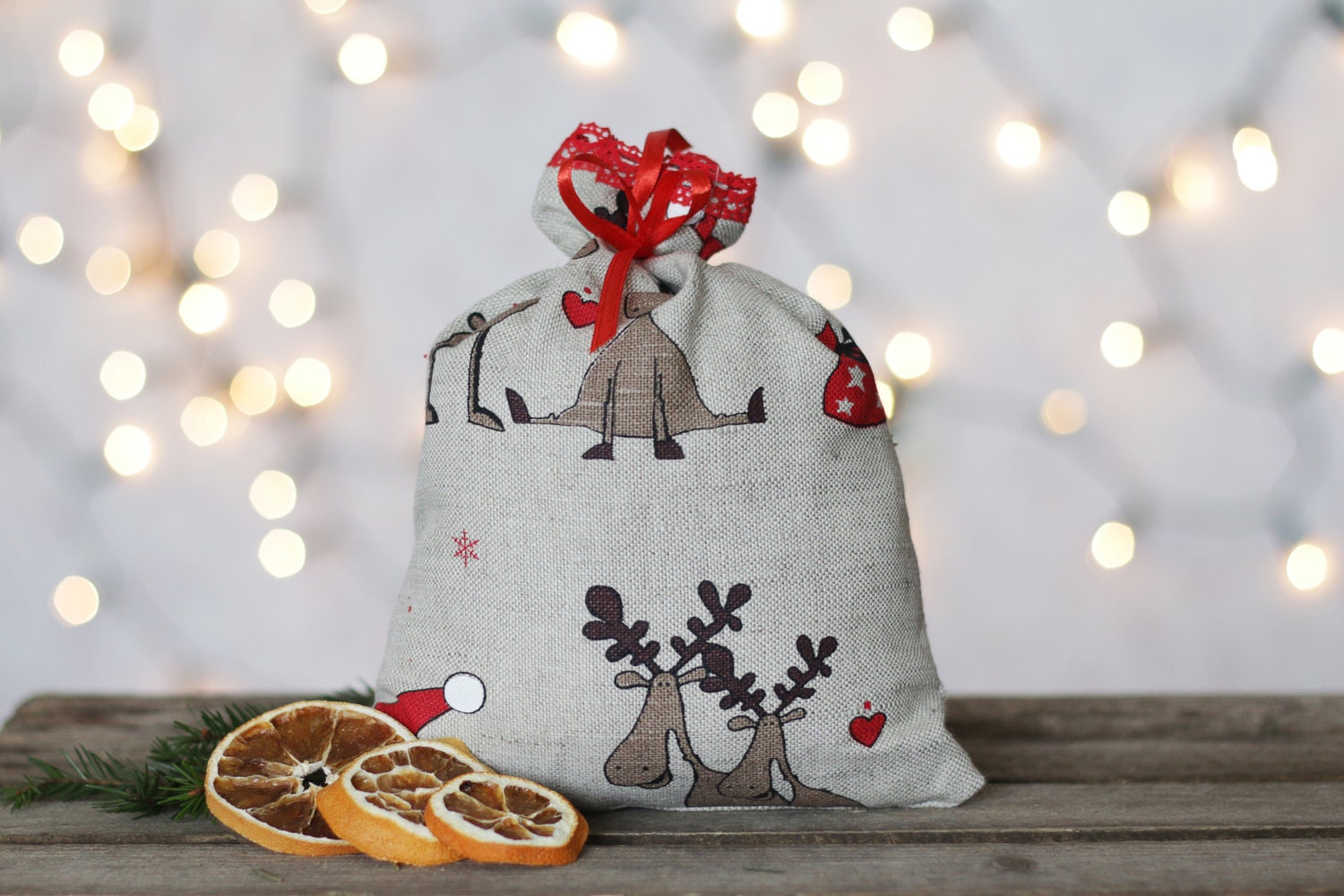 Christmas linen gift bags\ Rudolf decor ornament\ Santa Sack\ Gift Ba…