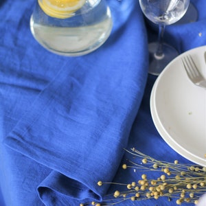Blue linen table clothes, Indigo wedding table cloth, Washed linen tablecloths, Square linen dinning tablecloths, Royal blue table setting