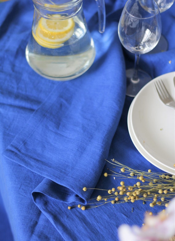 Blue linen table clothes, Indigo wedding table cloth, Washed linen tablecloths, Square linen dinning tablecloths, Royal blue table setting