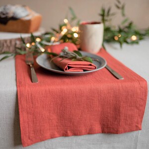 Stone washed linen table runner with warm table setting