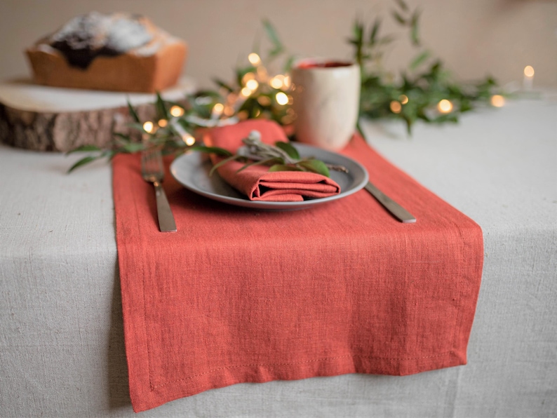 Stone washed linen table runner with warm table setting