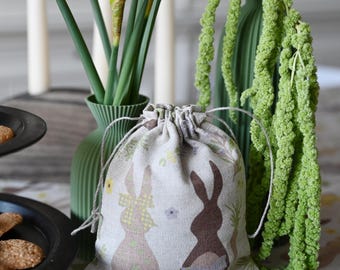 Sacola de presente de linho para a Páscoa – Bolsa com cordão feita à mão com estampa de coelhinho – Sacolas para lembrancinhas de Páscoa – Sacola para doces