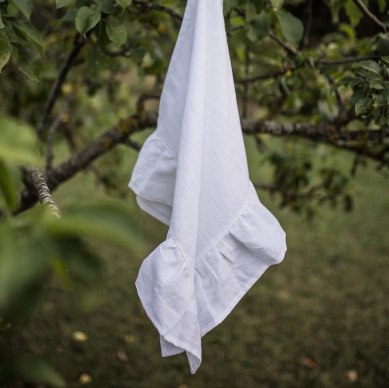 Natural linen hand towels with ruffles for farmhouse kitchen decorating, shabby chic towels, long-lasting fabric tea towels image 2