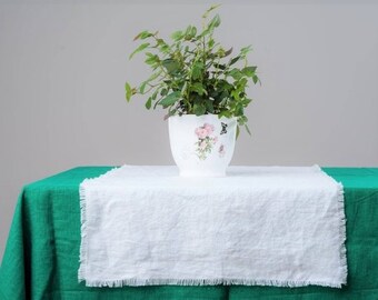 White fringed linen table runner. Raw edges flax table runner. Rustic table runner. Handmade table runner. Farmhouse decor for dinning table