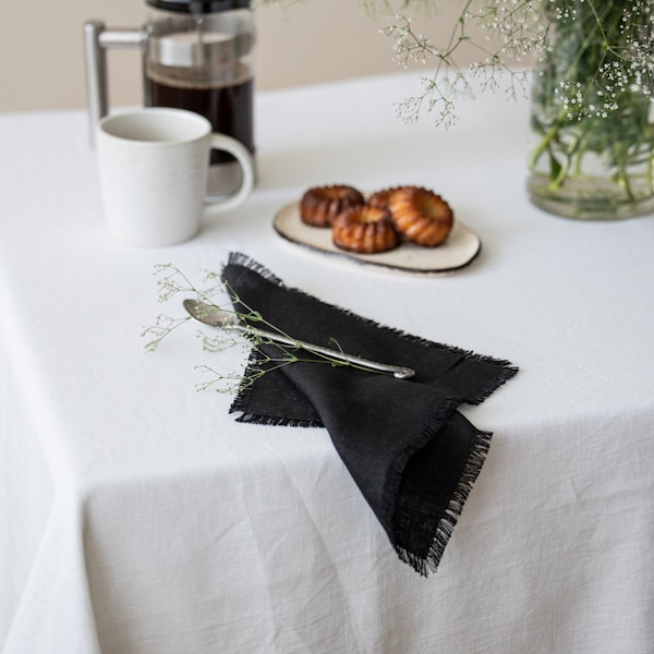 Black linen cloth napkins and placemats. Soft fringed linen napkins. Black wedding napkins. Black dinner table linen fringes napkins.