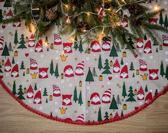 Gonna dell'albero di Natale con nani, gonna dell'albero di lino, gonna dell'albero rustico svedese, gonne dell'albero di Natale, gonna dell'albero dell'accento di Natale, decorazione natalizia