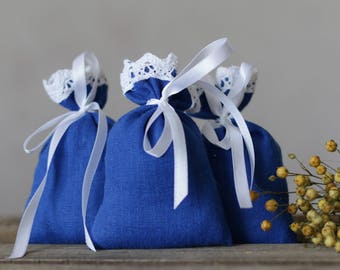 Set of 10 Blue linen wedding favor bags, wedding gift bag, bridesmaid bags, baby shower favors, christening bags, candy bags, linen gift bag