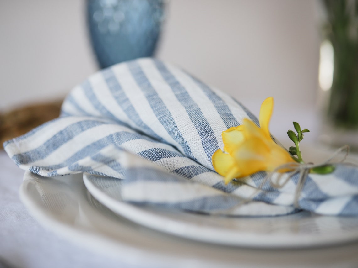 Nautical Cocktail Napkins Blue White Striped Napkins Striped Etsy