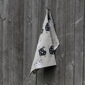 Linen tea towel with sheep print. Christmas gift for sheep farmer. Hand towel for Farmhouse Xmas kitchen decor. Dish towel Christmas gift