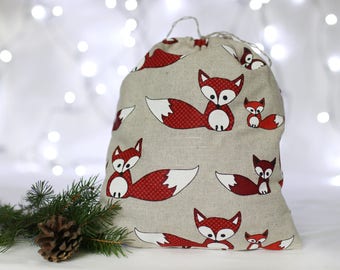Drawstring fox bag: Christmas gift bag, linen Fox bag, holiday gift bag, Woodland gift bags, fox pouch, gift Sack, gift packaging, gift wrap
